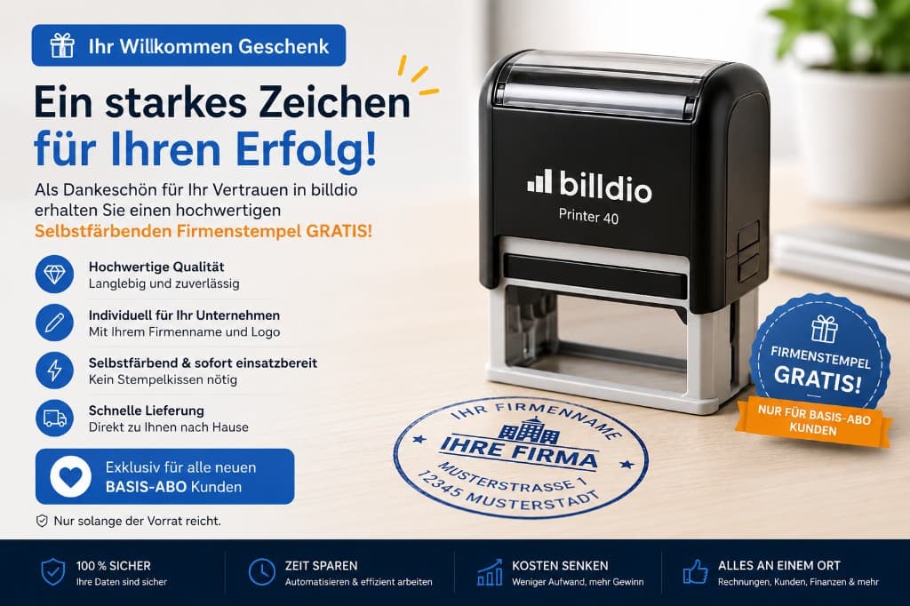 Akcja gratis: samobarwiący stempel firmowy z brandingiem billdio – wyłącznie dla nowych klientów Basic